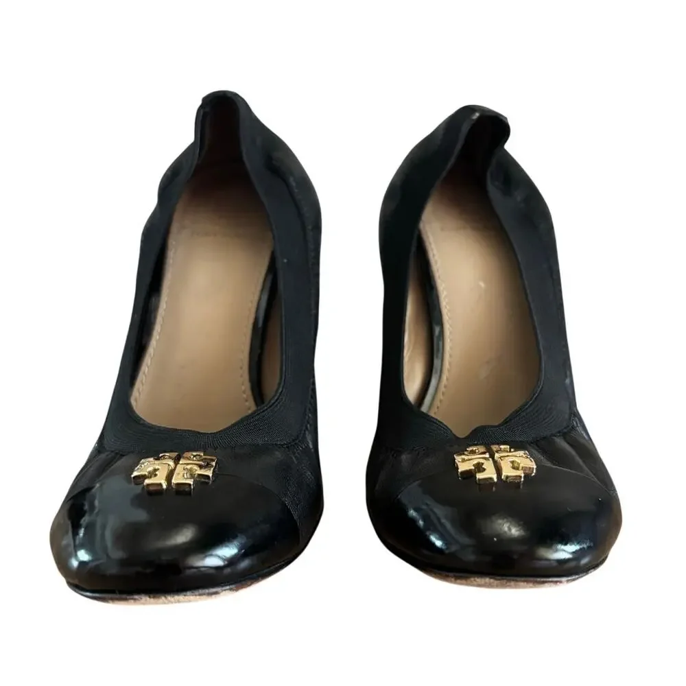 Tory Burch Jorie Block Heel Pumps Black Leather Gold Logo Medallion Size 6.5